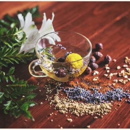 Types of Herbal Tea: A Comprehensive Guide to all Herbal Tea Varieties clear tea cup on brown surface, herbal tea types, tisanes