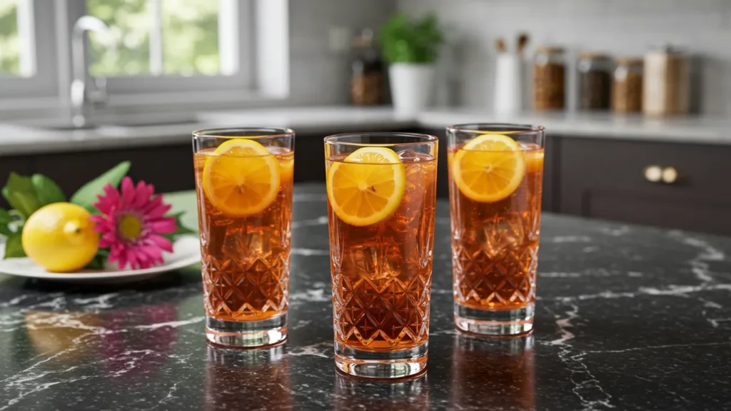 Ingredients for making iced tea in a pitcher on a kitchen counter.