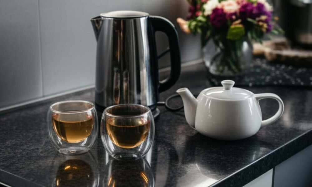 Discover the Best Modern Teaware for Your Favorite Tea A stylish collection of modern teaware, featuring a sleek stainless steel kettle, a minimalist white teapot, and double-walled glass cups.