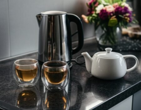 A stylish collection of modern teaware, featuring a sleek stainless steel kettle, a minimalist white teapot, and double-walled glass cups.