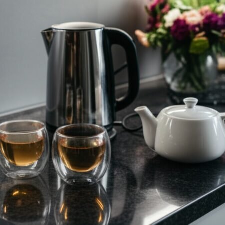 Discover the Best Modern Teaware for Your Favorite Tea A stylish collection of modern teaware, featuring a sleek stainless steel kettle, a minimalist white teapot, and double-walled glass cups.