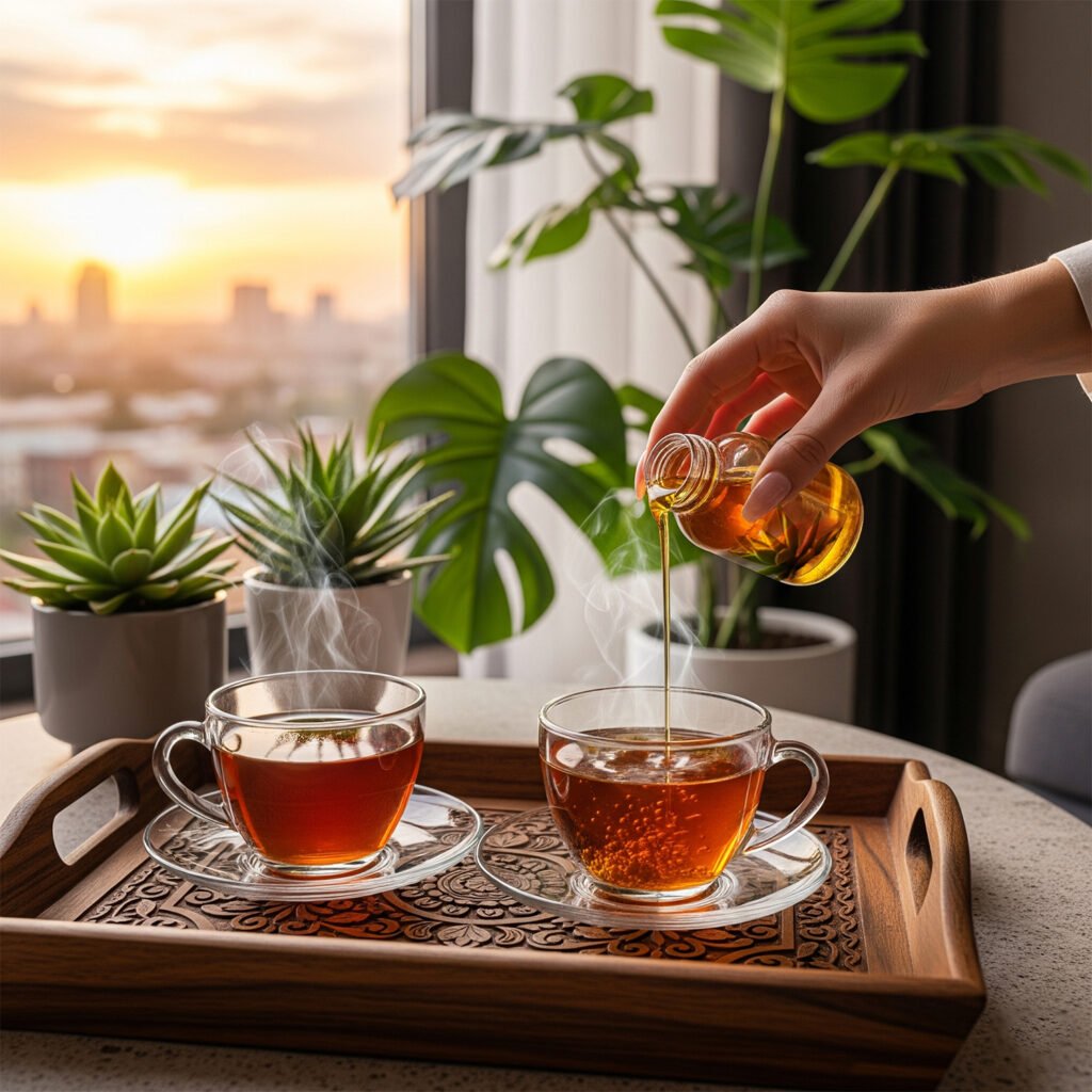Pouring honey into steaming tea cups on a wooden tray, with potted plants and city skyline at sunset.