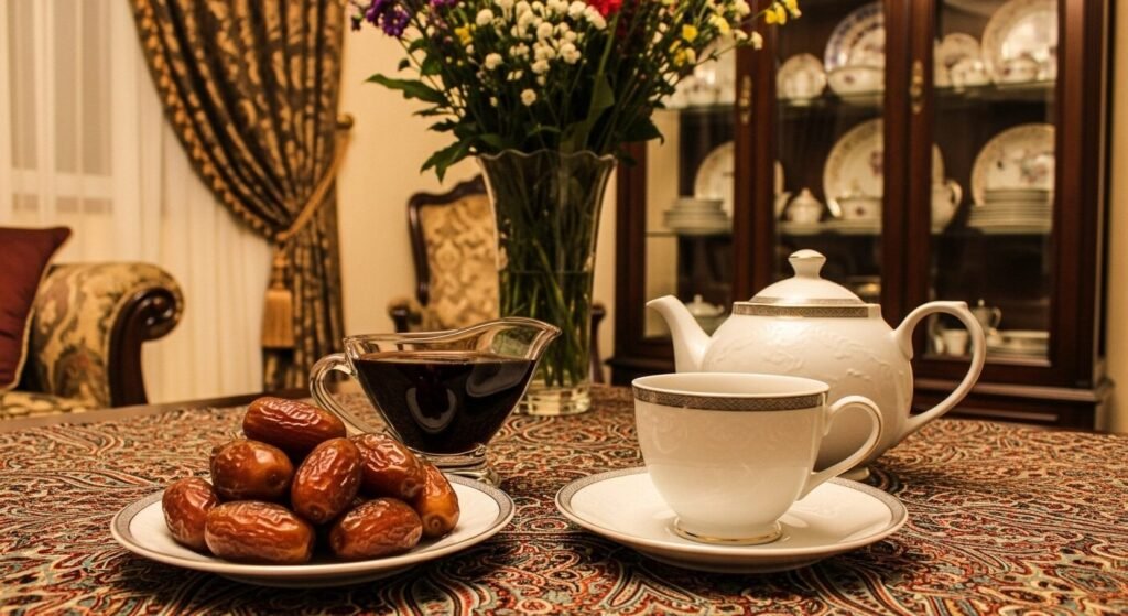 Elegant tea set with dates on table, vase of flowers in background, classic dining room ambiance.