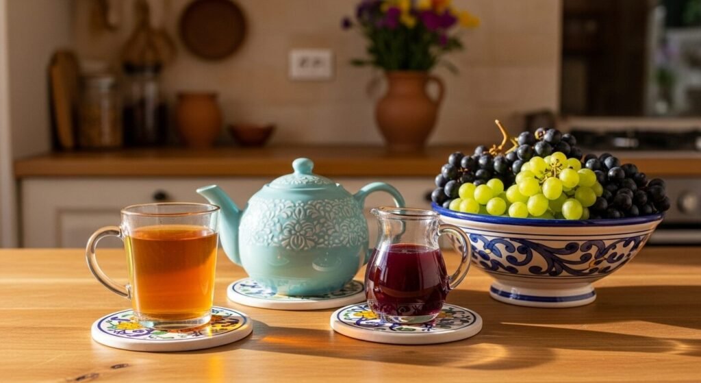 Teapot and tea with grapes in a decorative bowl on a kitchen table, creating a cozy morning ambiance.