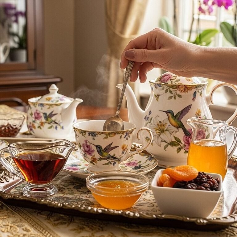 Elegant floral tea set with fresh fruits and honey on a tray. Hand stirring steaming tea in a charming setting.