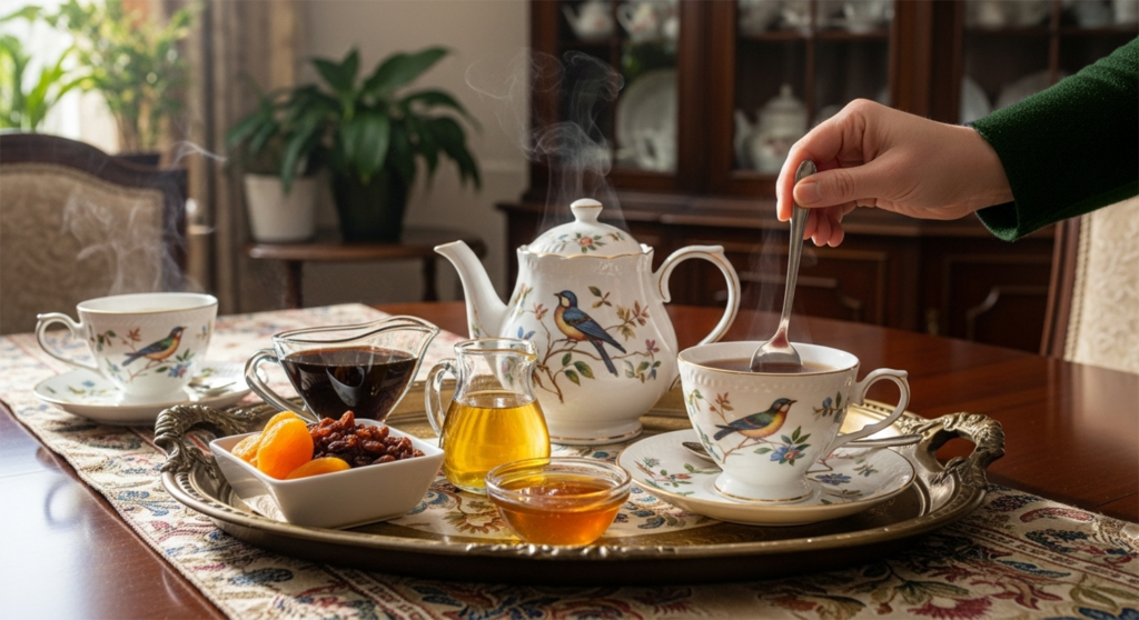 Elegant tea setting with porcelain teapot, cups, and assorted treats on a tray.