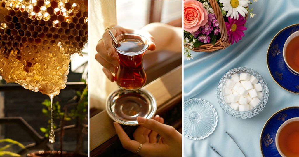 Honey dripping from comb, Turkish tea in glass, and floral arrangement with sugar cubes on a blue silk cloth.