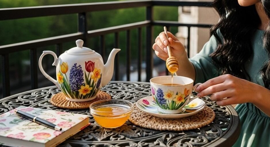 Person adding honey to tea in a floral cup and teapot set on a balcony table with a notebook.