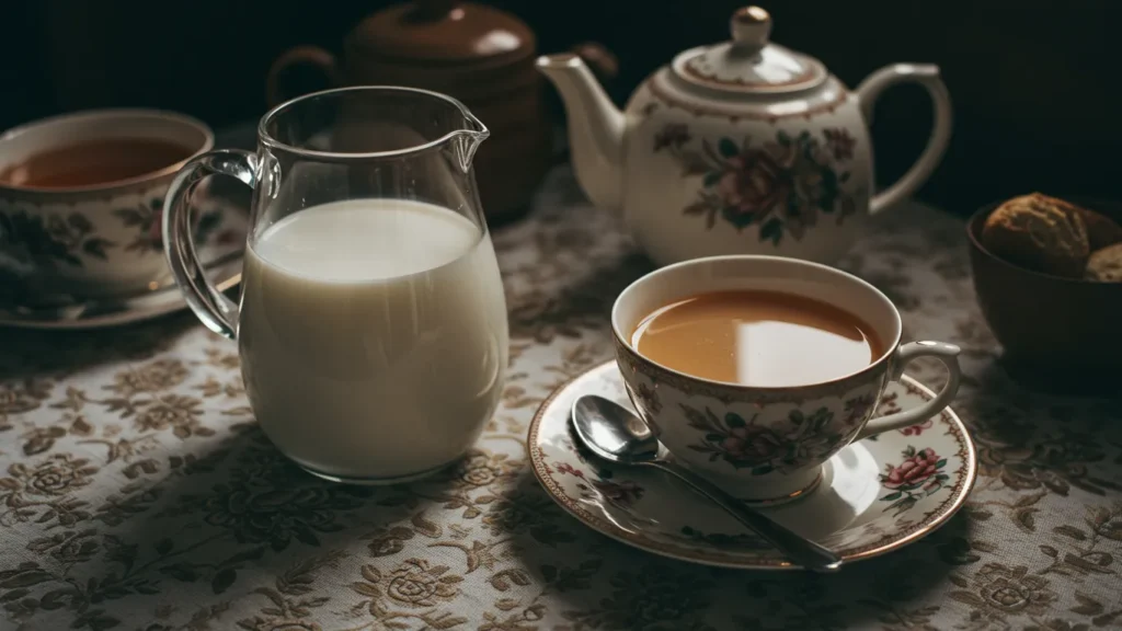 Vintage teapot and milk jug with floral tea set on a patterned tablecloth, accompanied by tea and biscuits.