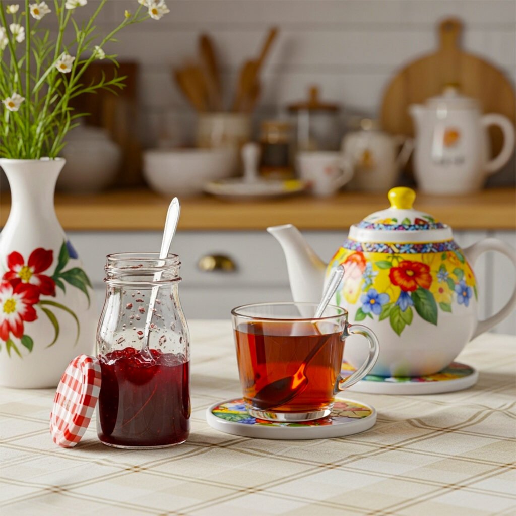 Colorful tea set with jam jar on a checkered tablecloth, flowers in vase, wooden utensils in cozy kitchen background.