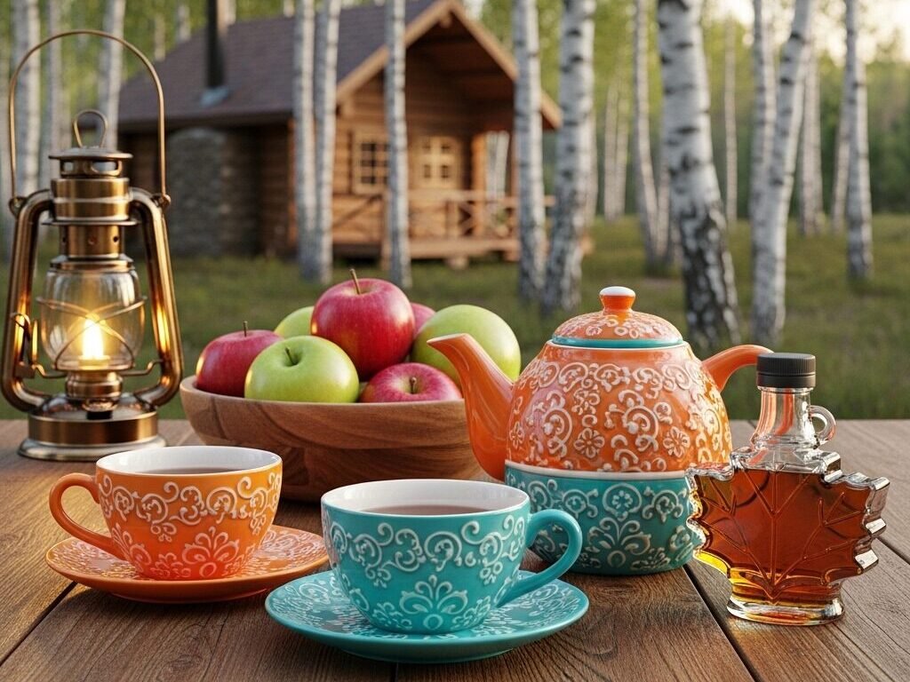 Rustic outdoor tea setup with teapot, cups, apples, and a lantern on a wooden table in a birch forest setting.