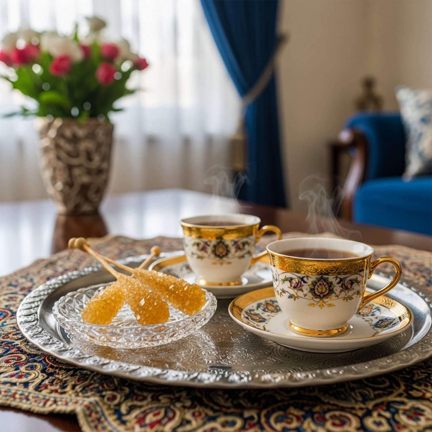 Elegant tea set with steaming cups and rock candy sticks on a tray, with flowers in the background.