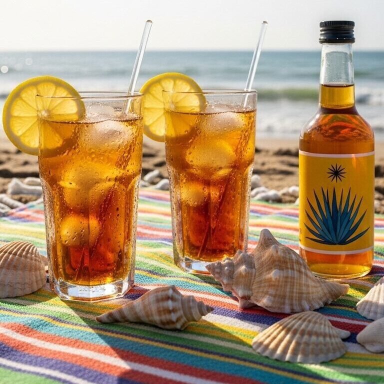 Two iced tea glasses with lemon slices on a beach towel near seashells and a bottle by the ocean.