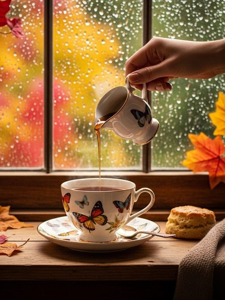 Hand pouring tea into butterfly cup by rainy window, autumn leaves decor, cozy scone on wooden table.