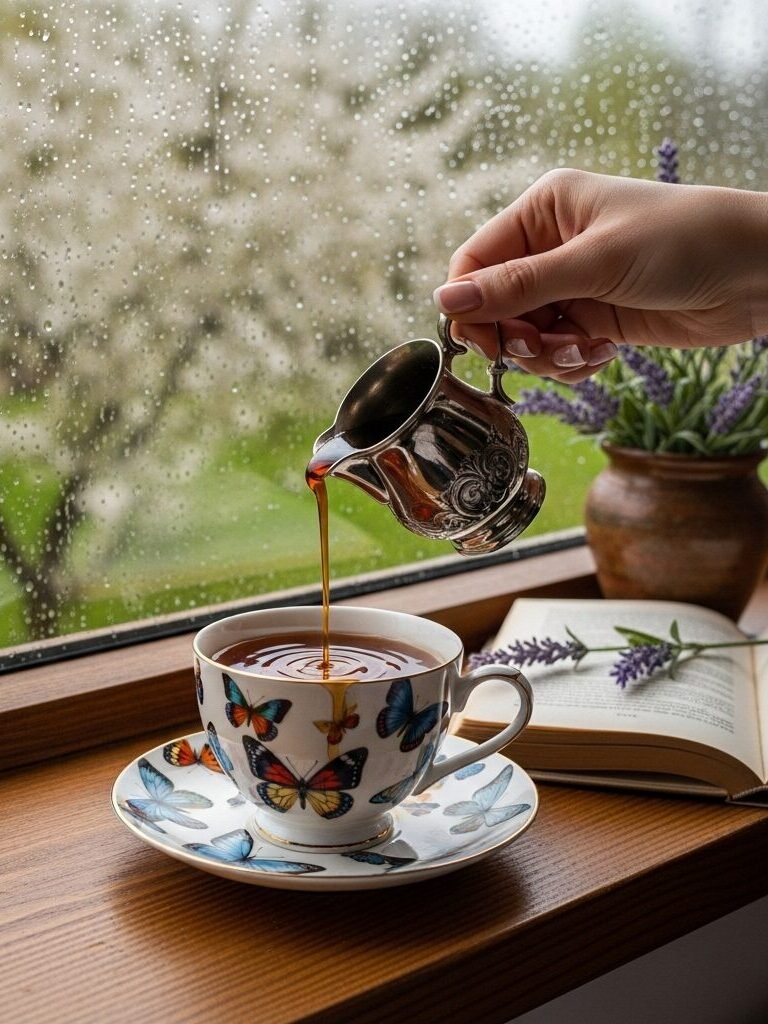 Pouring tea into a butterfly cup by a rainy window, next to an open book and lavender plant.