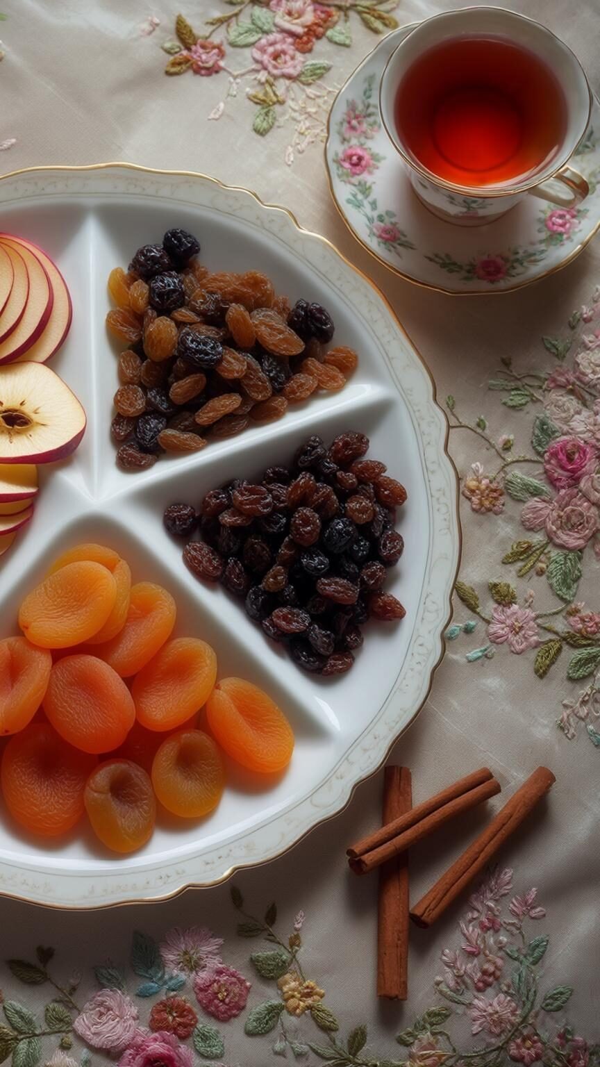 Assorted dried fruits and apple slices on a plate with tea and cinnamon sticks on a floral tablecloth.