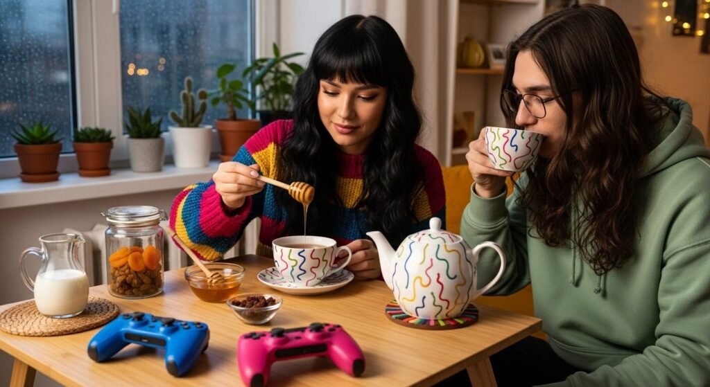 Cozy indoor scene with a couple enjoying tea; colorful setup with snacks, milk, and game controllers on the table.