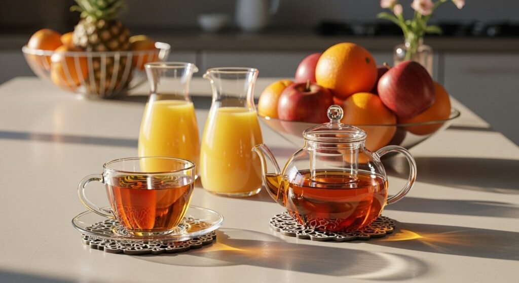 Glass teapot and cup of tea on table alongside fresh oranges, apples, and juice in sunlight-filled kitchen.