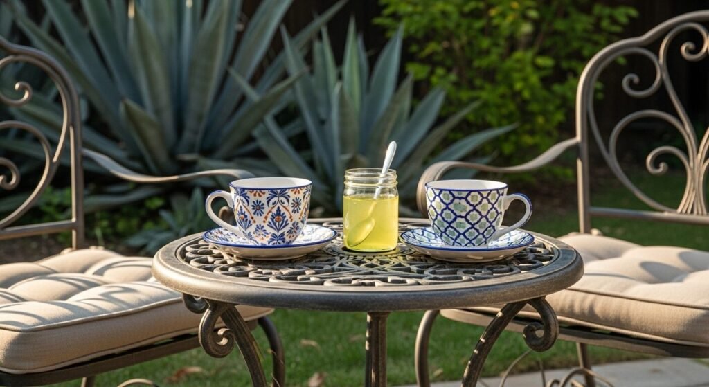 Ornate tea cups and a jar of lemon drink on a patio table, surrounded by garden foliage.