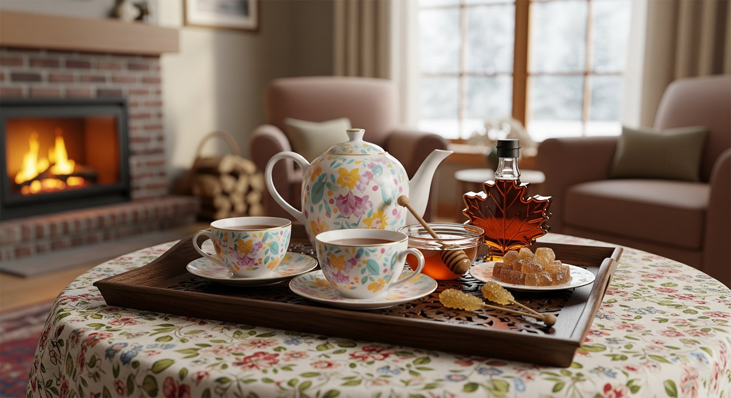 Cozy tea setup with floral teapot, cups, honey, syrup, and fireplace in background. Warm, inviting afternoon tea scene.