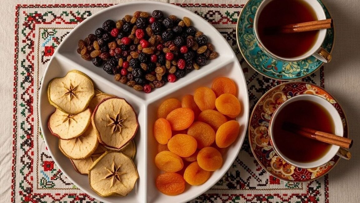 Plate with dried fruits and nuts alongside two cups of tea, set on an intricate patterned cloth.