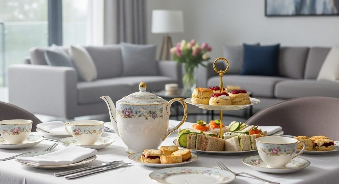 Elegant afternoon tea setup with floral china, sandwiches, and scones in a cozy living room setting.