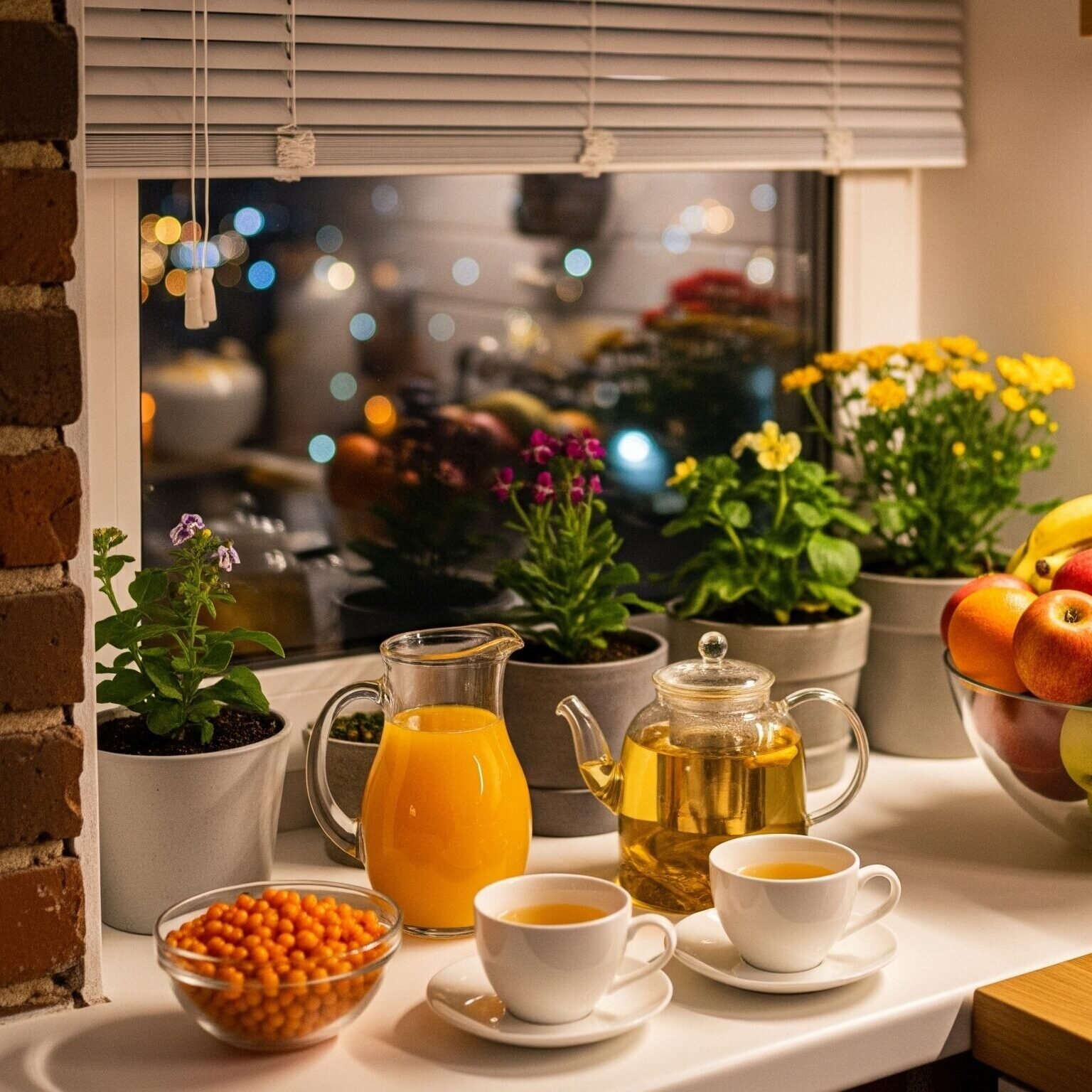 Cozy kitchen with fresh juice, tea, and potted plants on a windowsill at night. Bright and inviting home atmosphere.
