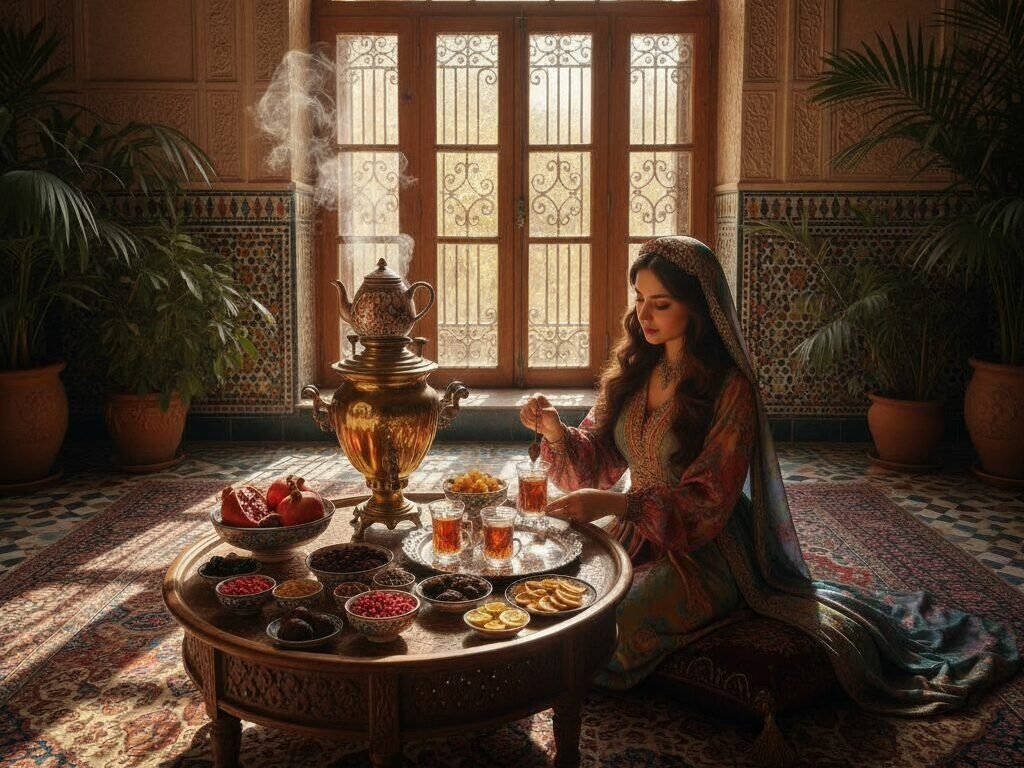 Elegant woman enjoying traditional tea in a richly decorated room with fruits and an ornate teapot on a carved table.