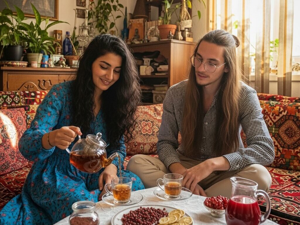 Couple enjoying tea in a cozy, plant-filled living room, surrounded by colorful cushions and snacks on the table.