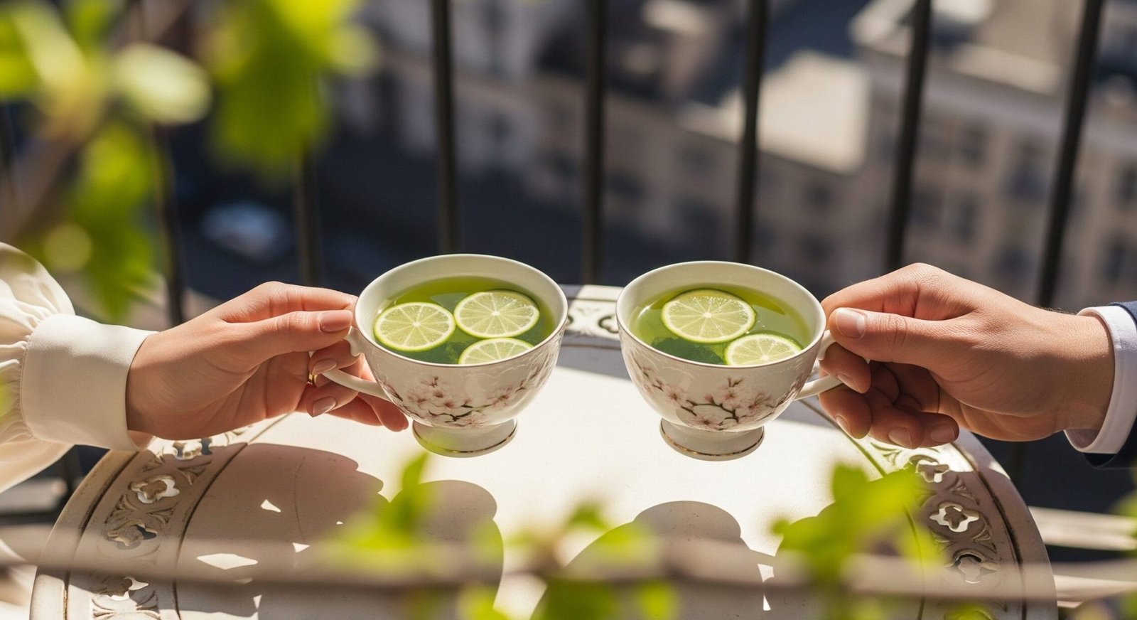Two hands holding floral teacups with green tea and lime slices, set on a sunlit balcony table.