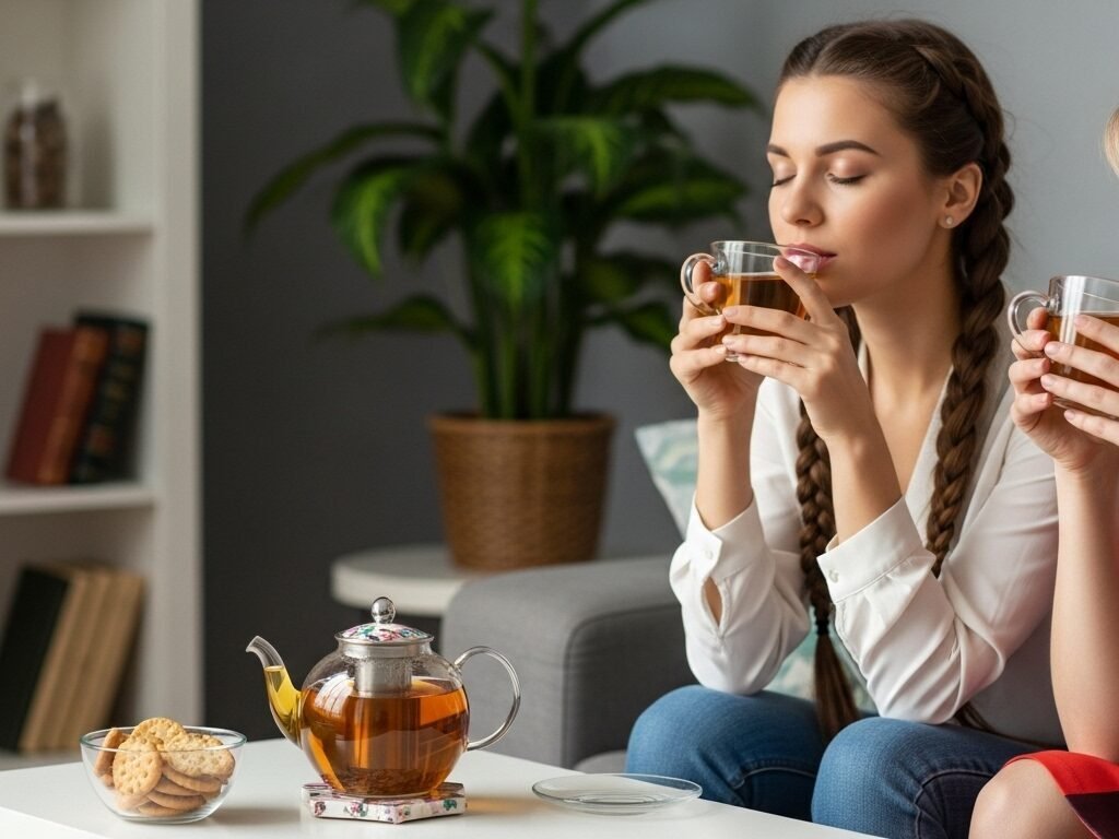Woman enjoying herbal tea in cozy living room with cookies and teapot on table.