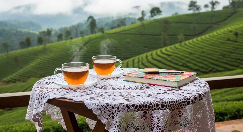 Two steaming cups of tea on a lace-covered table with notebooks, overlooking lush green tea plantations.