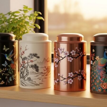 Efficient Tea Storage Solutions for Your Loose Leaf Tea: Canister Options to Keep Your Tea Fresh Colorful decorative tea tins with nature motifs on a wooden countertop, against a sunny window background.