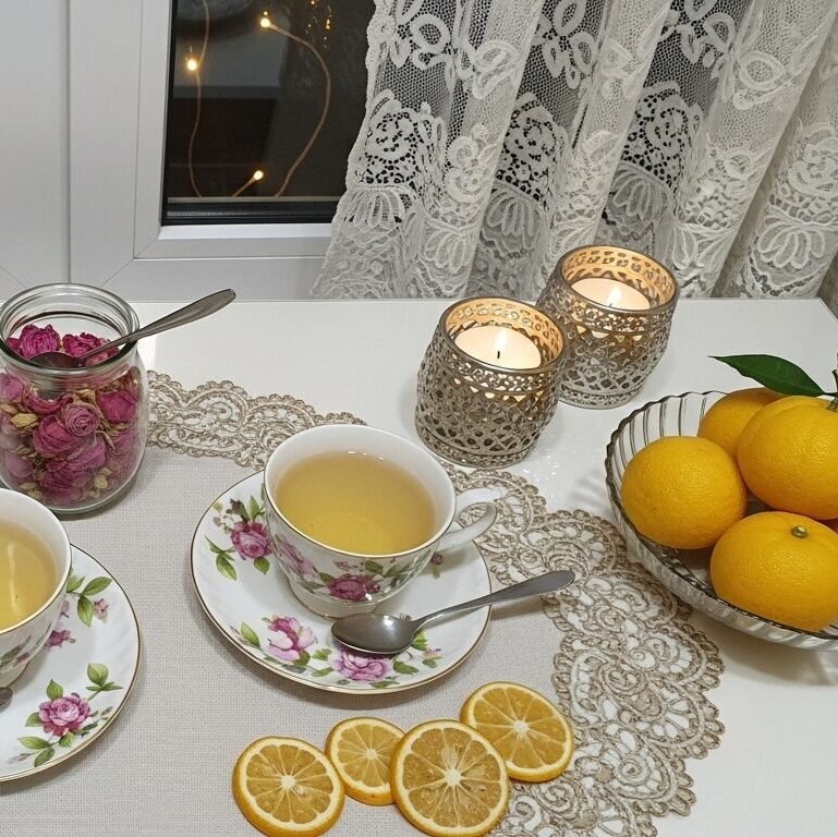 Cozy tea setup with floral cups, candles, lemons, and dried roses on lace near a window.