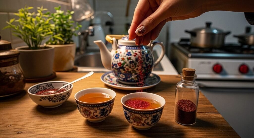 Pouring tea in a floral teapot with cups and spices on a wooden table in a cozy kitchen setting.
