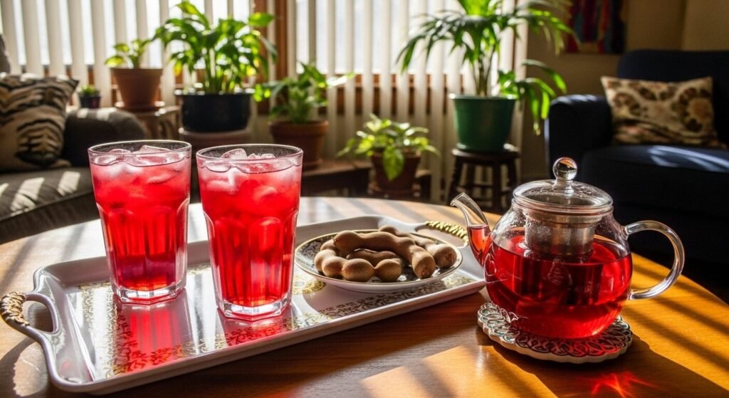 Red hibiscus tea with ice and tamarind on a tray in a sunny room with plants.