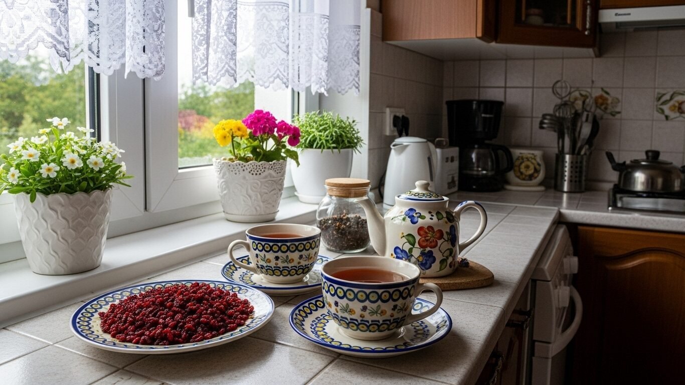 Cozy kitchen with floral tea set, red berries, and potted flowers on a sunny windowsill.