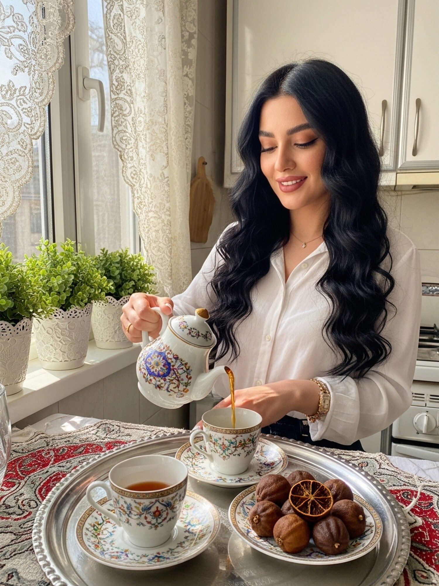 Woman pouring tea into floral cups on a tray near a window with lace curtains and plants, enjoying a peaceful afternoon.