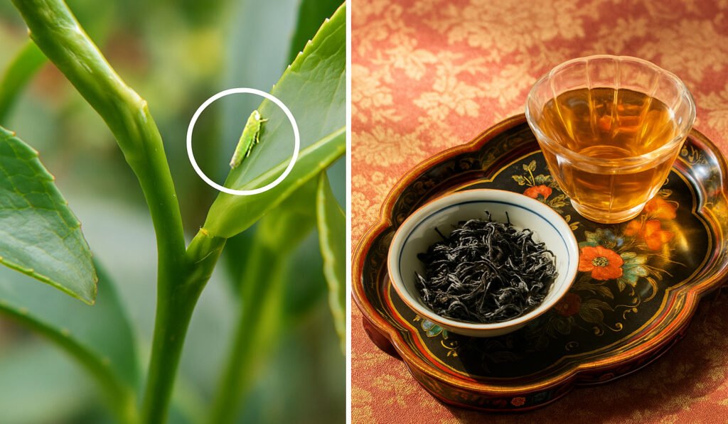 Close-up of a tea plant with an insect and a cup of green tea with dried leaves on an ornate tray.