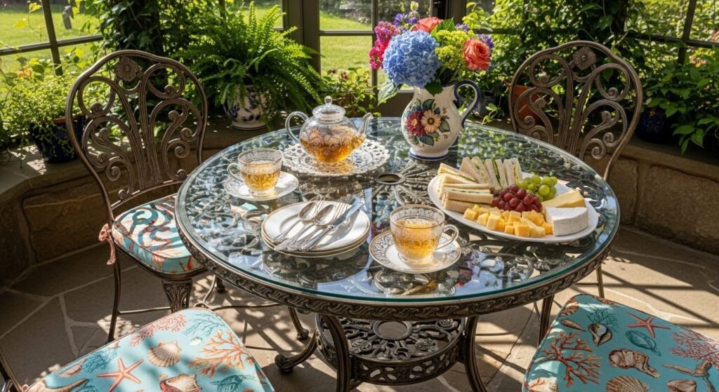 Elegant tea setup in a sunlit conservatory with floral table decor, sandwiches, fruits, and cheese on a glass table.
