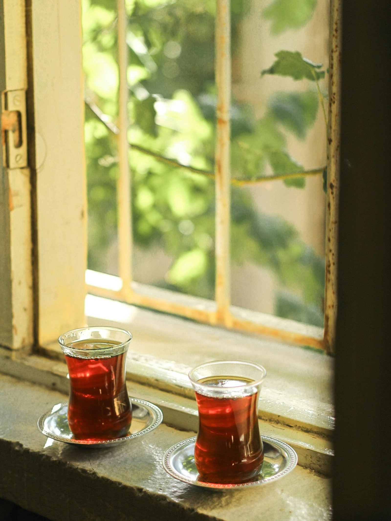 Two glasses of tea on a windowsill with a scenic view of lush greenery outside.