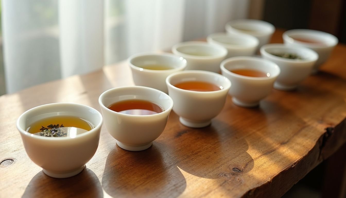 A wooden table with rows of porcelain tea cups filled with steeped tea samples.