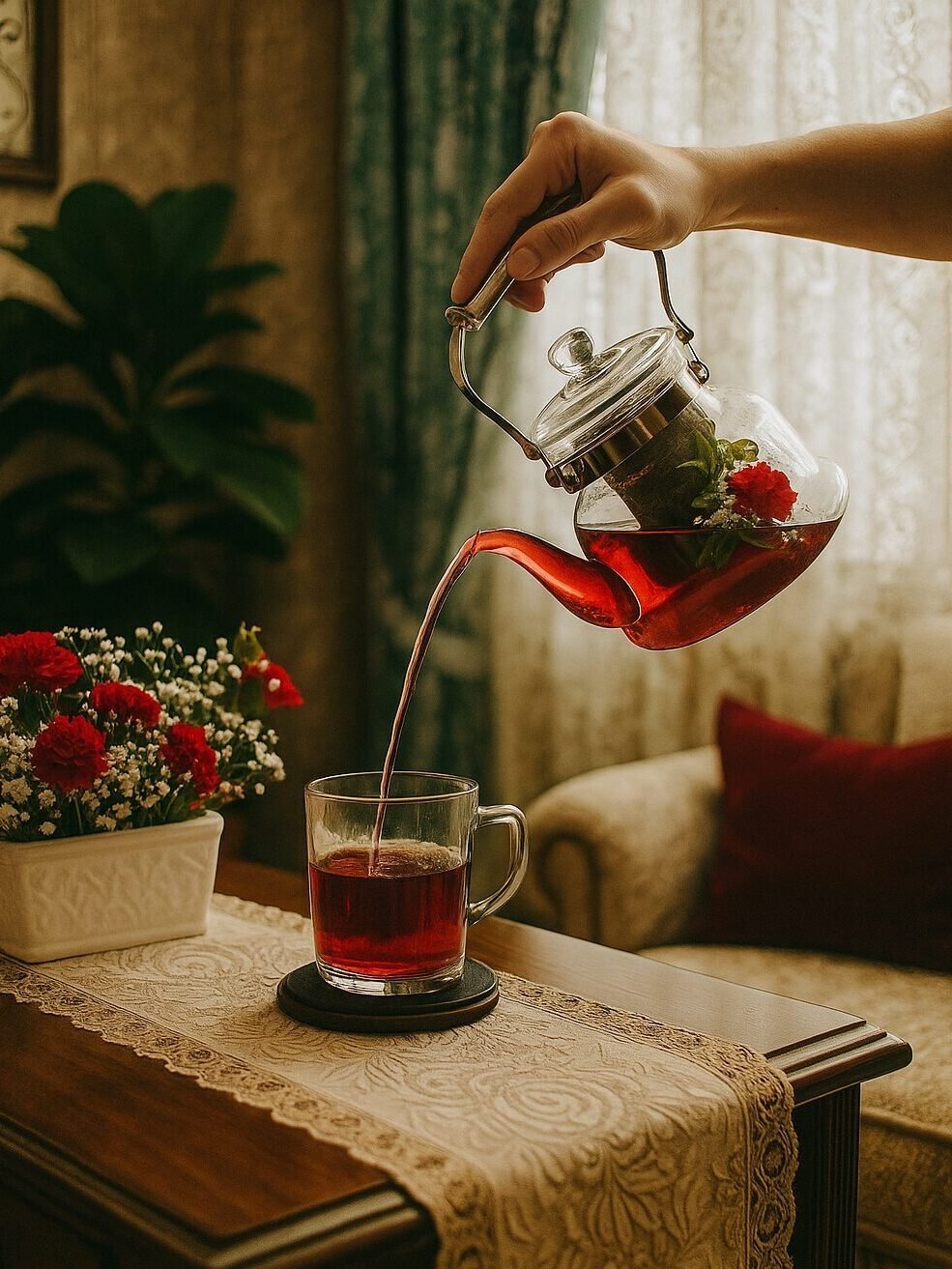 Pouring herbal tea from glass teapot into cup on table with flowers in cozy living room setting.