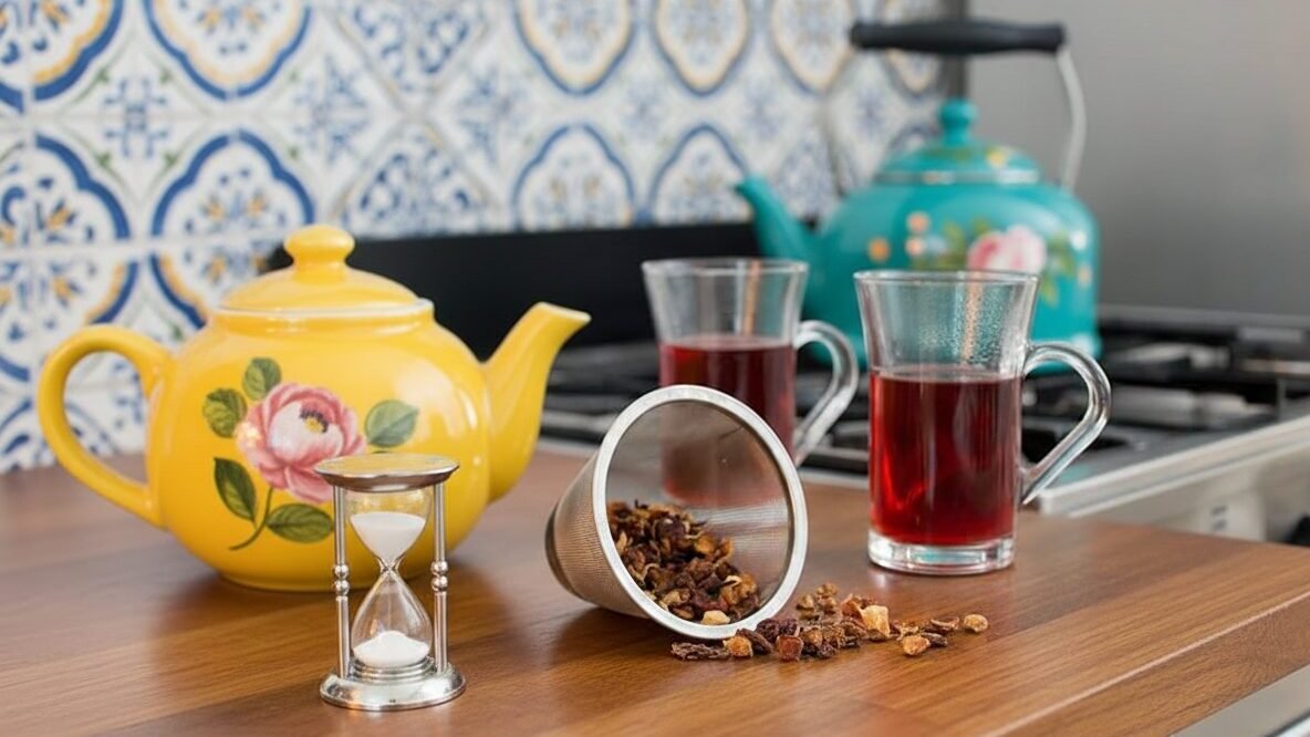 Yellow teapot with floral design, two glasses of tea, an hourglass, and loose tea on a wooden counter in kitchen.