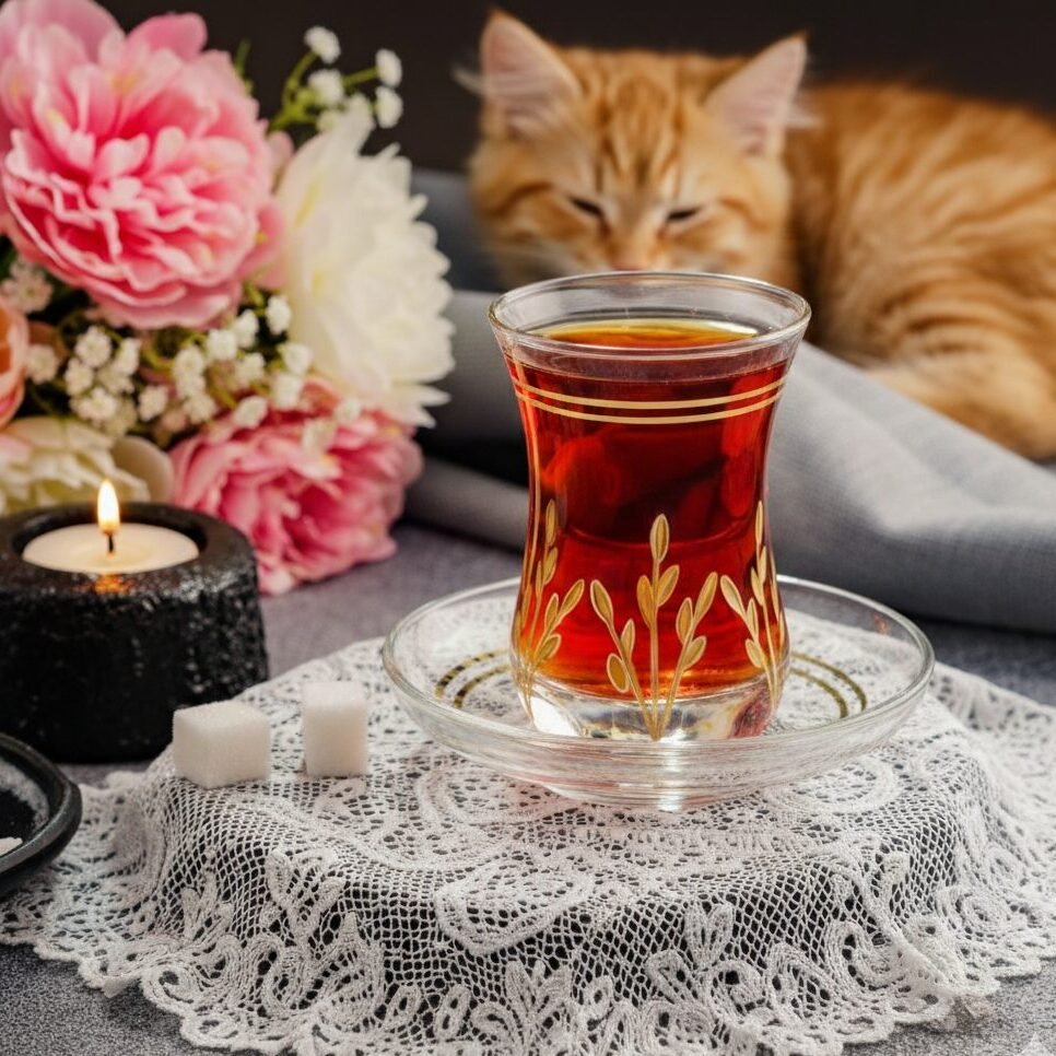 Aromatic tea in ornate glass, surrounded by flowers and a cat, creating cozy ambiance with lace and candlelight.
