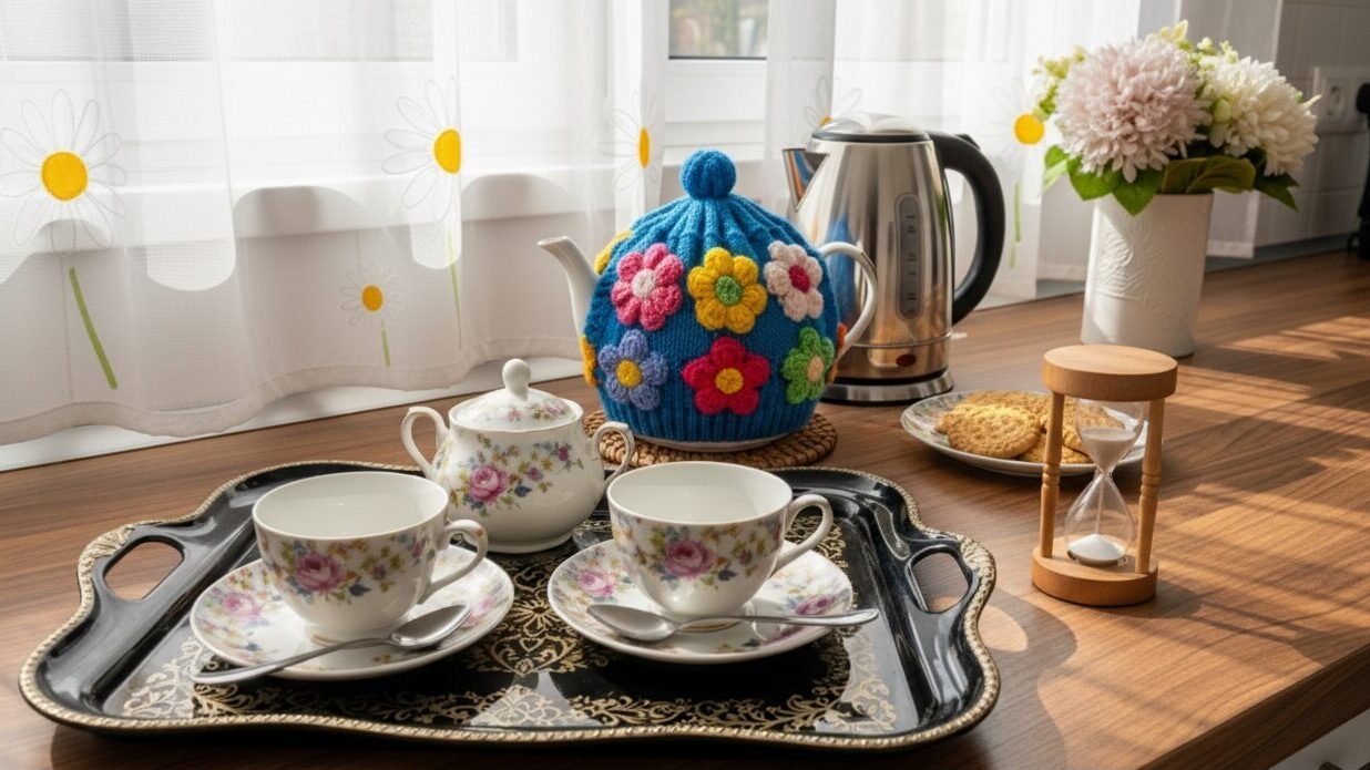 Tea set with floral cups and teapot on tray, cookies, kettle, flowers, and hourglass on a sunny kitchen counter.