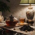 Cozy tea setting with glass teapot, candlelight, and floral lamp on elegant table. Perfect for relaxation ambiance.