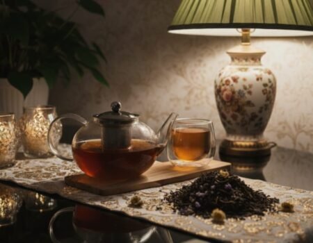 Cozy tea setting with glass teapot, candlelight, and floral lamp on elegant table. Perfect for relaxation ambiance.