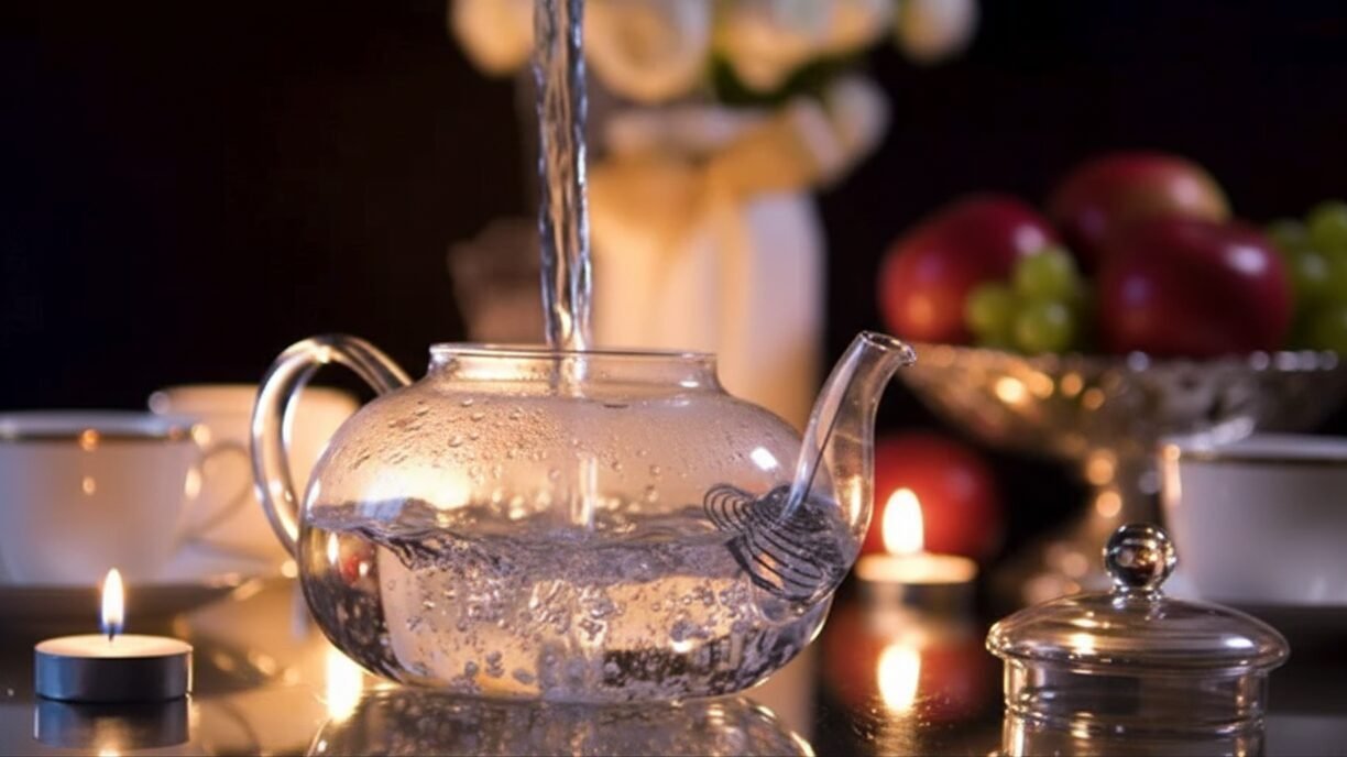 Glass teapot being filled with hot water, surrounded by candles and fruit for a cozy tea setting.