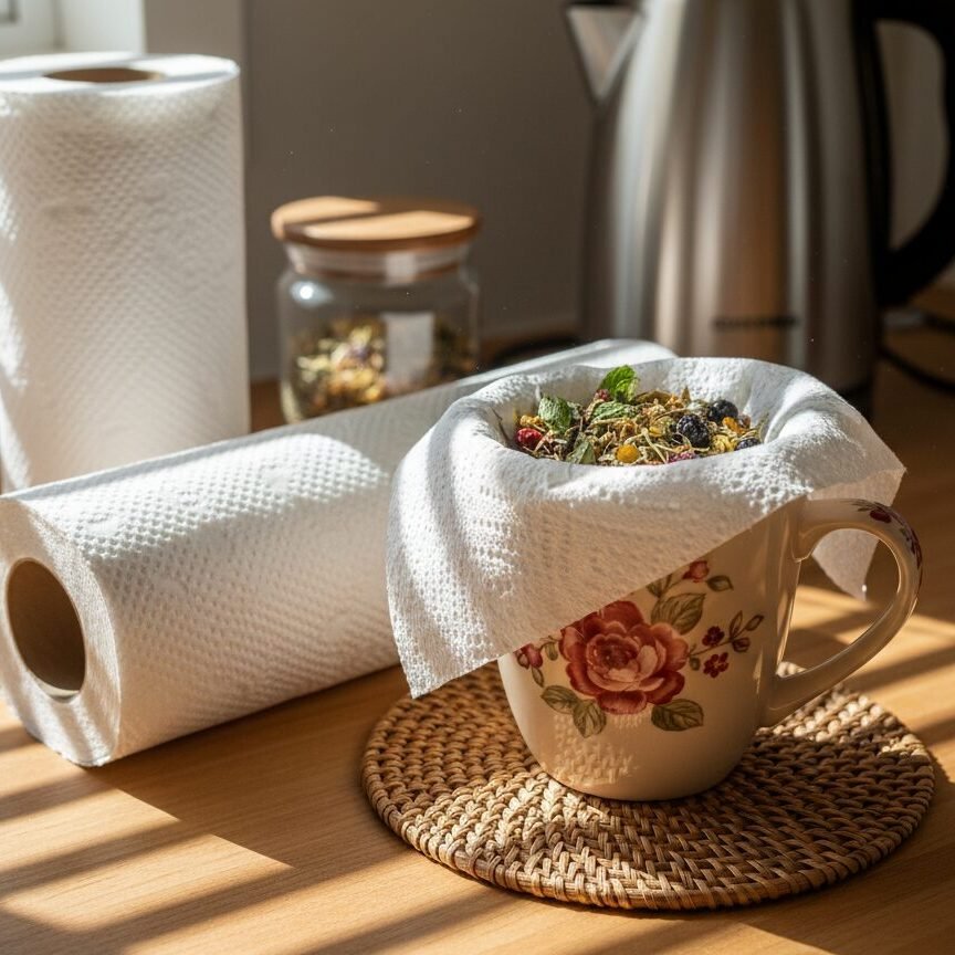Herbal tea brewing in floral mug with paper towel filter, next to paper towel rolls and jar, on sunny kitchen counter.